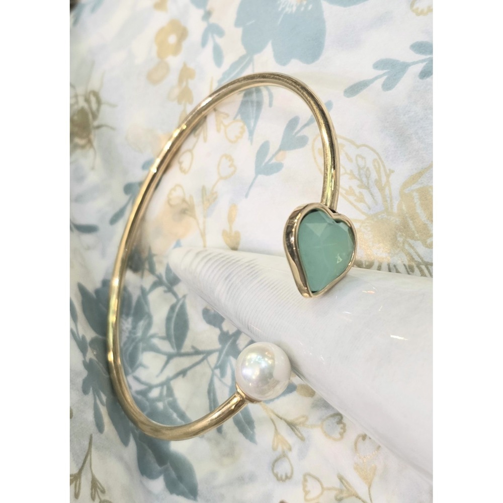 Pearl & Heart Green Gem Cuff Bracelet Gold Plated Stainless Steel Size 3.5"